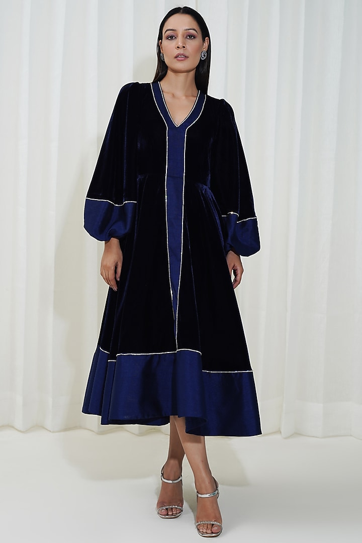 Navy Blue Velvet & Taffeta Flared Dress by KEOO