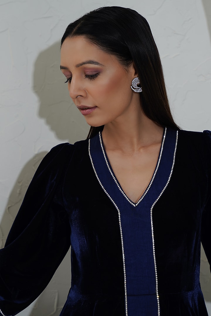 Navy Blue Velvet & Taffeta Flared Summer Dress by KEOO at Pernia's Pop Up Shop