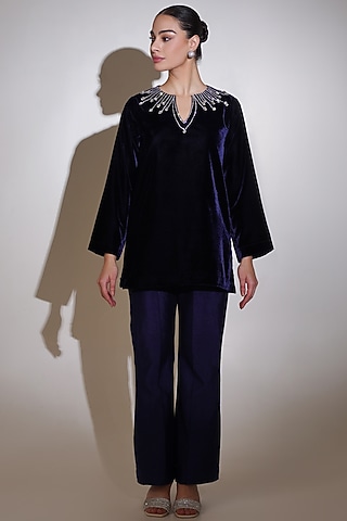 Navy Blue Velvet Rhinestone Embellished Tunic Set by KEOO