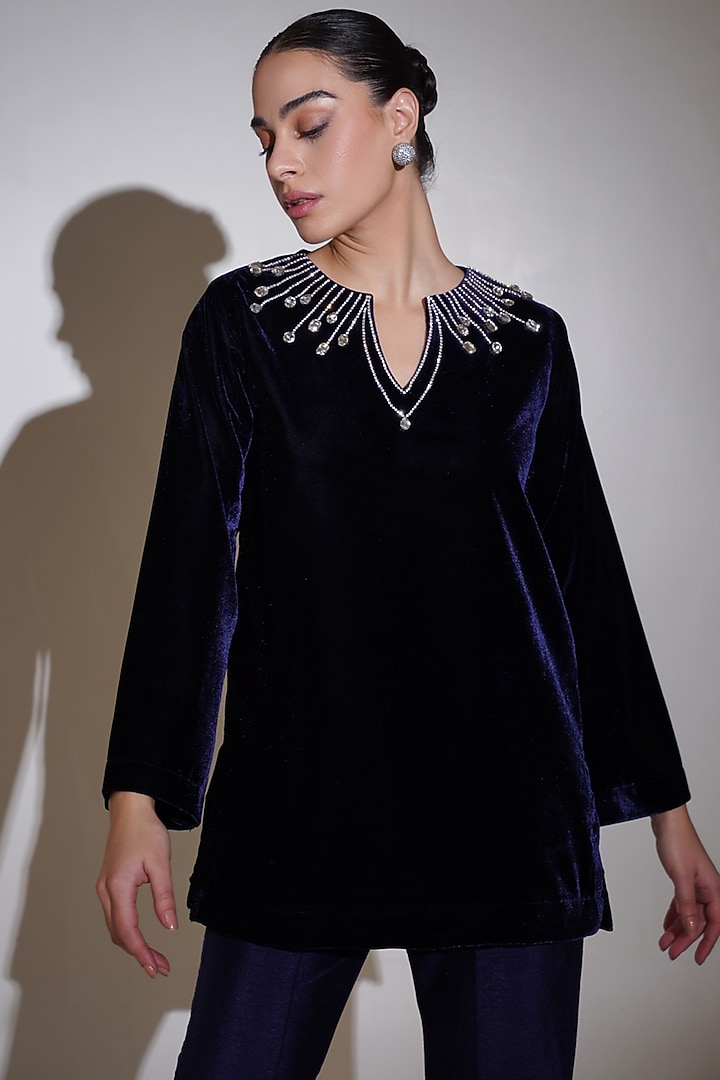 Navy Blue Velvet Rhinestone Embellished Tunic Set by KEOO at Pernia's Pop Up Shop
