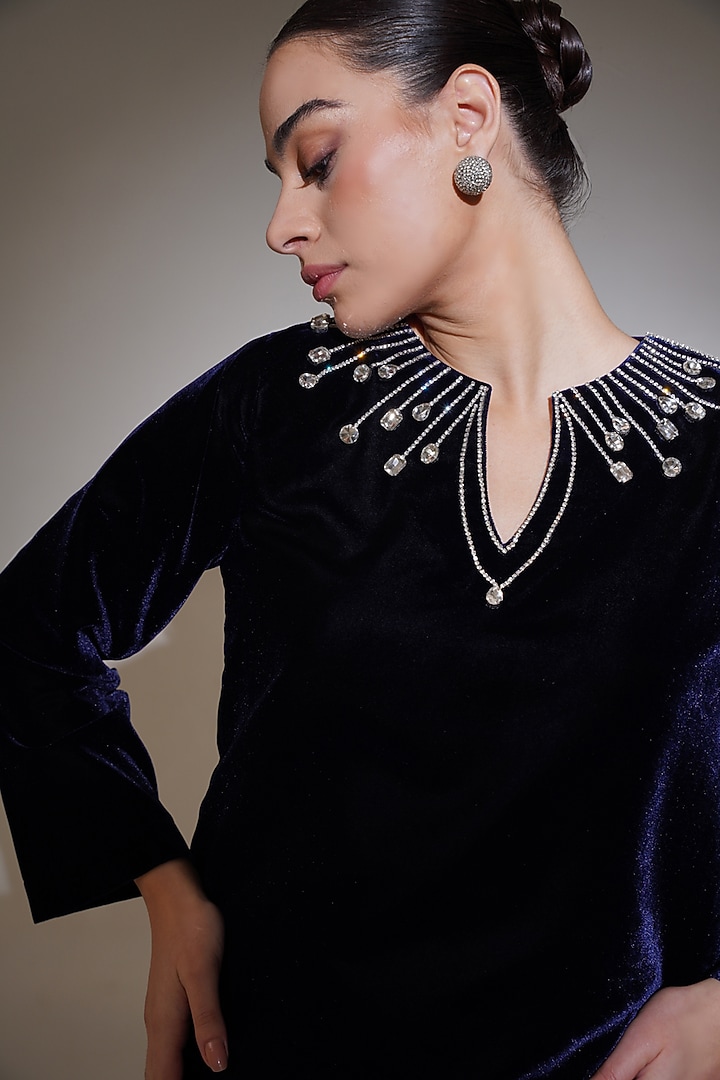 Navy Blue Velvet Rhinestone Embellished Tunic Set by KEOO at Pernia's Pop Up Shop