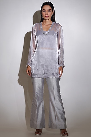 Silver Glass Organza Rhinestone Embellished Tunic Set by KEOO