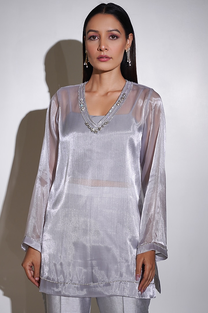 Silver Glass Organza Rhinestone Embellished Tunic Set by KEOO at Pernia's Pop Up Shop