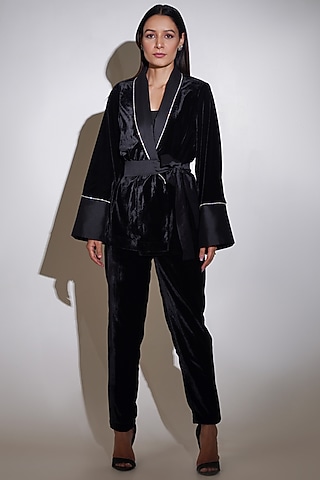 Black Velvet & Taffeta Rhinestone Embellished Co-Ord Set by KEOO