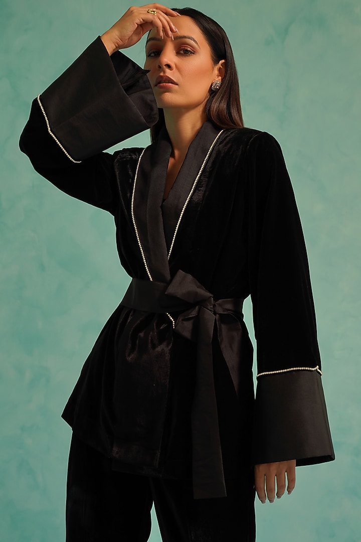 Black Velvet & Taffeta Rhinestone Embellished Co-Ord Set by KEOO at Pernia's Pop Up Shop