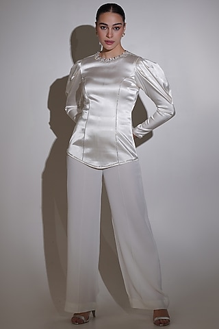 White Cotton Satin Lycra & Georgette Rhinestone Embellished Co-Ord Set by KEOO