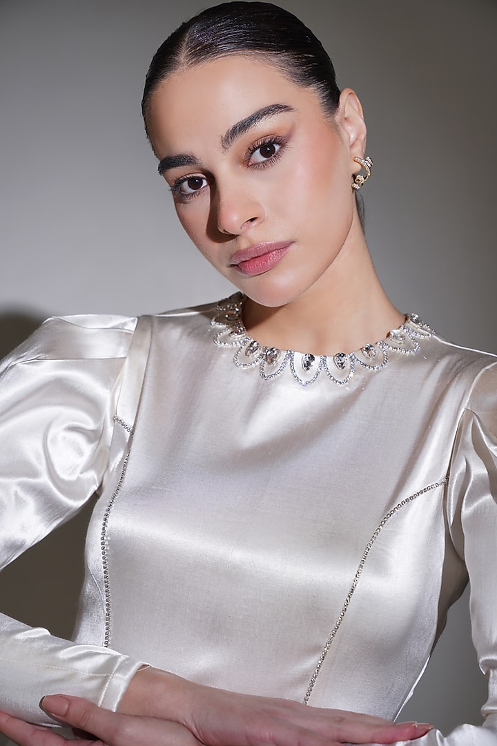 White Cotton Satin Lycra & Georgette Rhinestone Embellished Co-Ord Set by KEOO at Pernia's Pop Up Shop