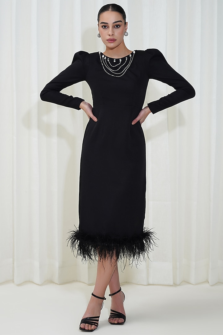 Black Banana Crepe Feather & Rhinestone Embellished Dress by KEOO