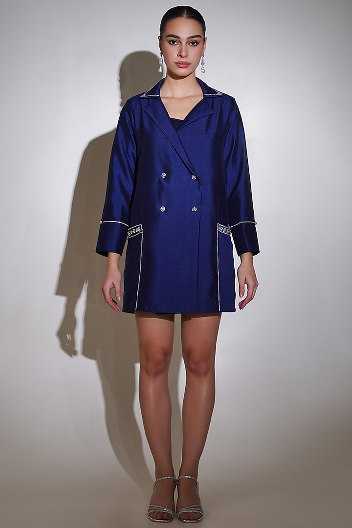 Navy Blue Dupion Silk Rhinestone Embellished Blazer Dress by KEOO