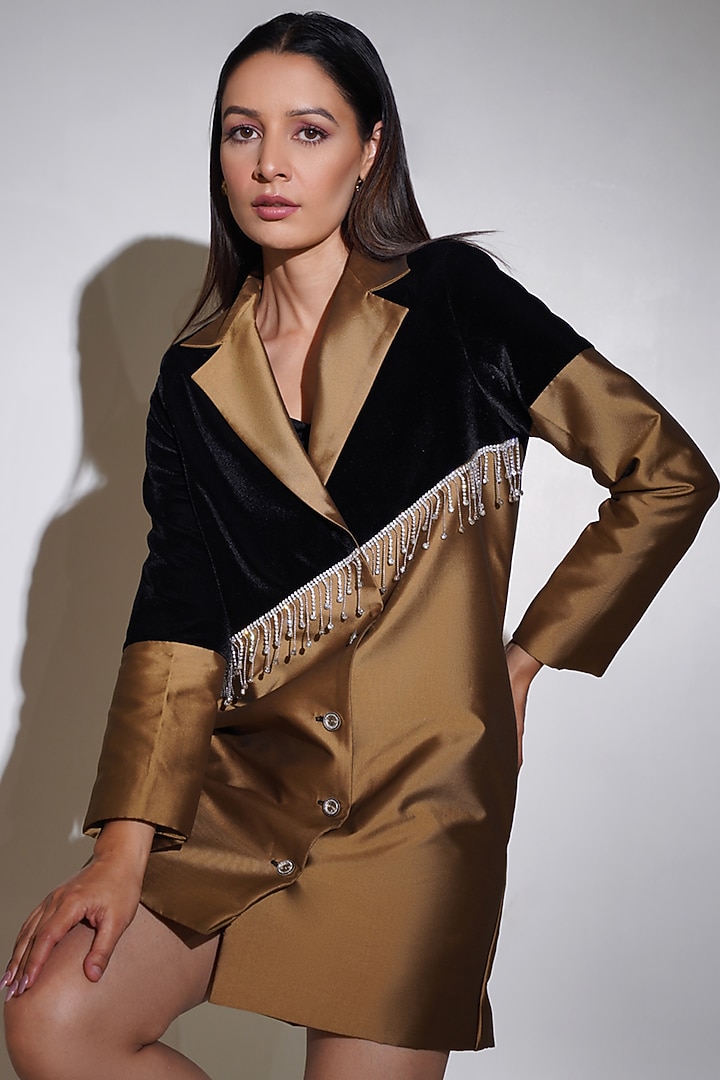 Gold Velvet & Taffeta Rhinestone Embellished Coat Summer Dress by KEOO at Pernia's Pop Up Shop