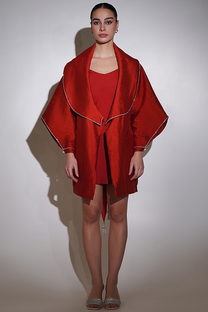 Rust Dupion Silk Rhinestone Embellished Overcoat With Slip by KEOO