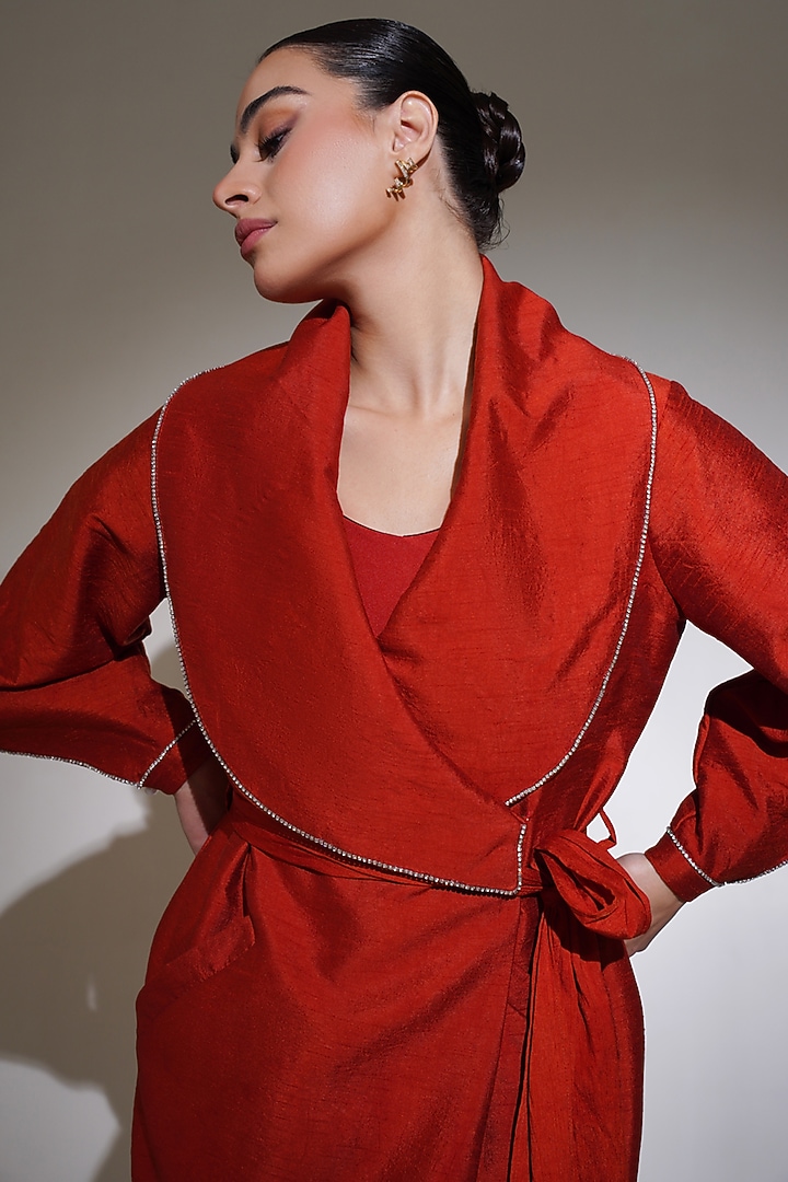 Rust Dupion Silk Rhinestone Embellished Overcoat With Slip by KEOO at Pernia's Pop Up Shop
