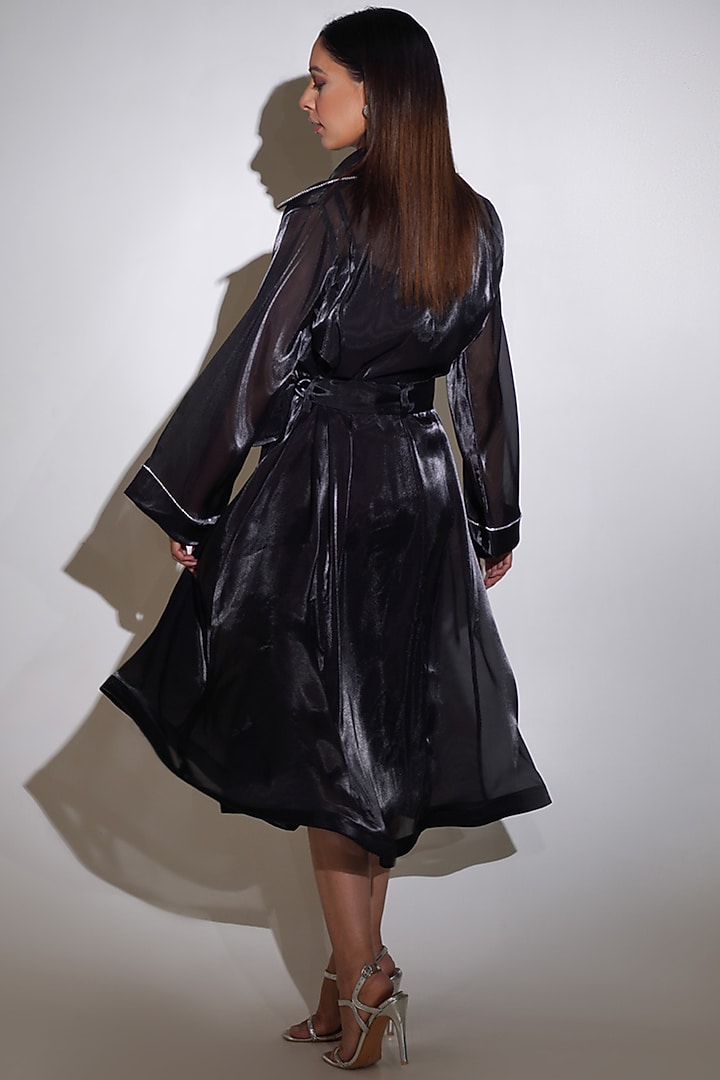 Black Glass Organza Rhinestone Embellished Trench Coat by KEOO at Pernia's Pop Up Shop