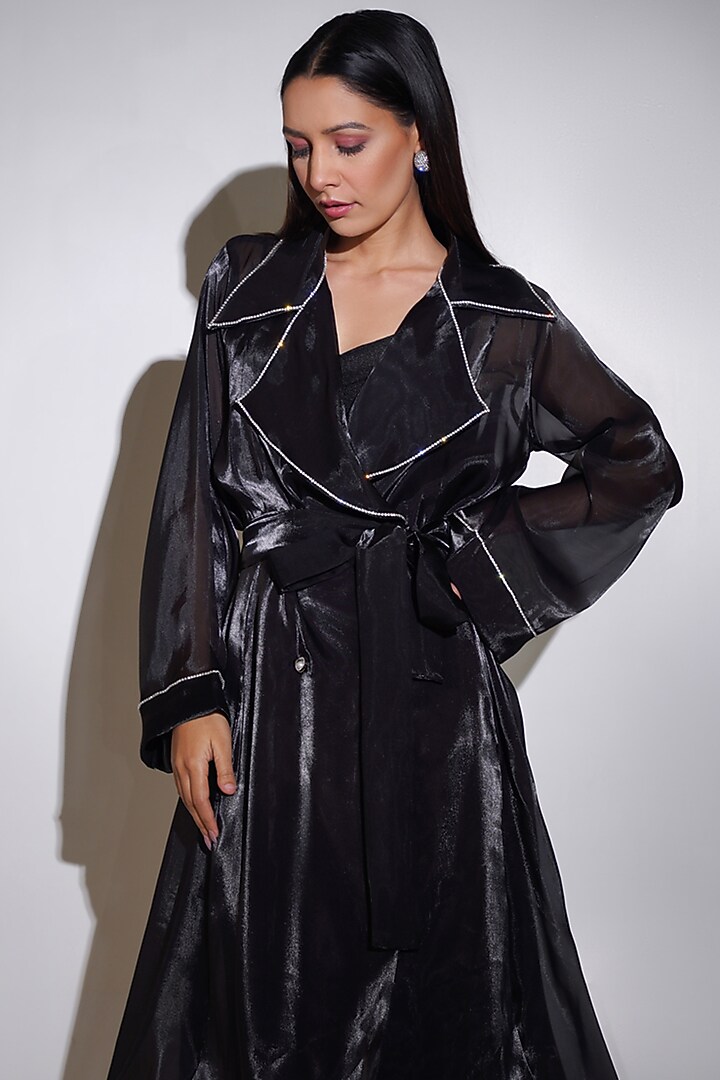 Black Glass Organza Rhinestone Embellished Trench Coat by KEOO at Pernia's Pop Up Shop