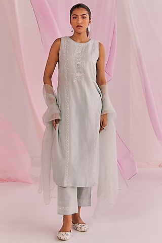 Powder Blue Silk Chanderi Embellished Kurta Set by Keosha