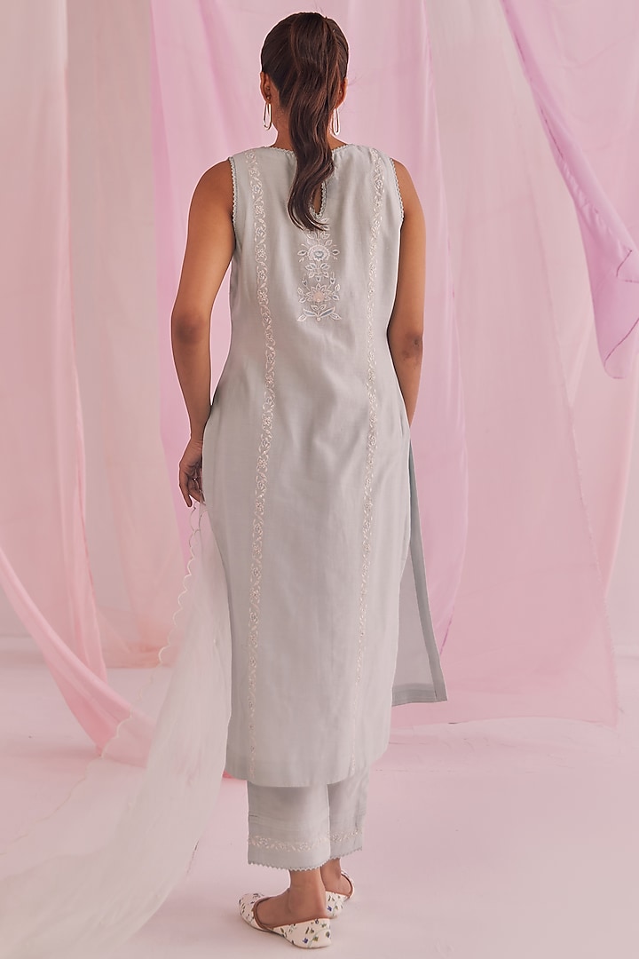 Powder Blue Silk Chanderi Embellished Kurta Set by Keosha at Pernia's Pop Up Shop