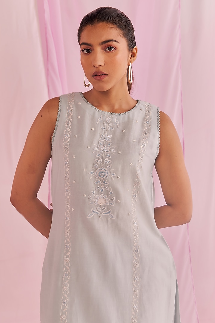 Powder Blue Silk Chanderi Embellished Kurta Set by Keosha at Pernia's Pop Up Shop
