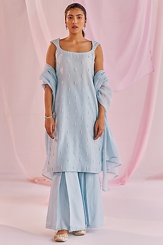 Ice Blue Silk Chanderi Pleated Sharara Set by Keosha