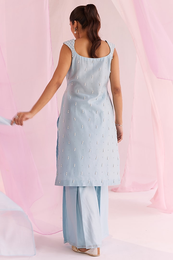 Ice Blue Silk Chanderi Pleated Party Wear Sharara Set by Keosha at Pernia's Pop Up Shop