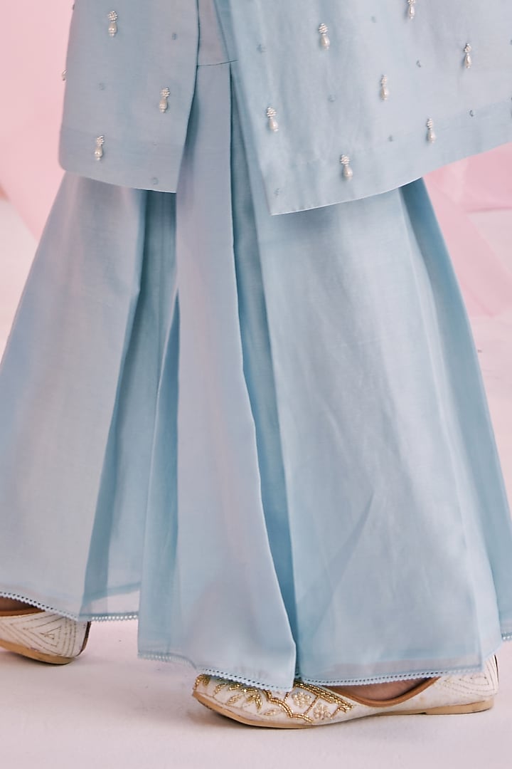 Ice Blue Silk Chanderi Pleated Party Wear Sharara Set by Keosha at Pernia's Pop Up Shop