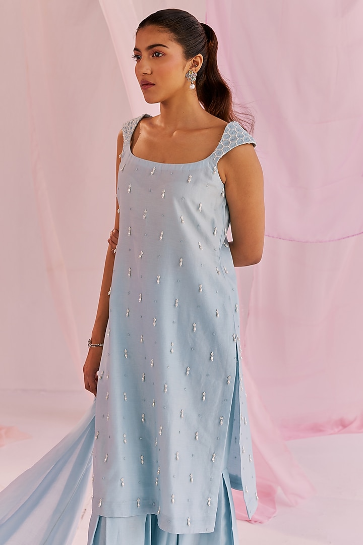 Ice Blue Silk Chanderi Pleated Party Wear Sharara Set by Keosha at Pernia's Pop Up Shop