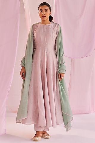 Pink Silk Chanderi Embroidered Anarkali Set by Keosha