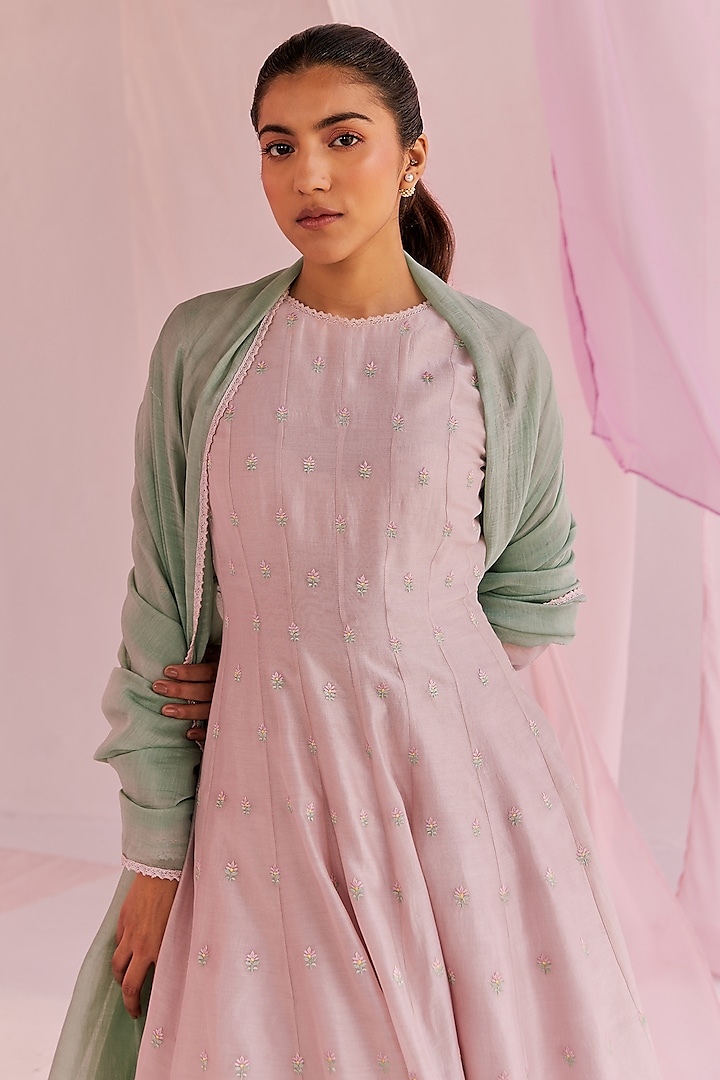 Pink Silk Chanderi Embroidered Party Wear Anarkali Set by Keosha at Pernia's Pop Up Shop