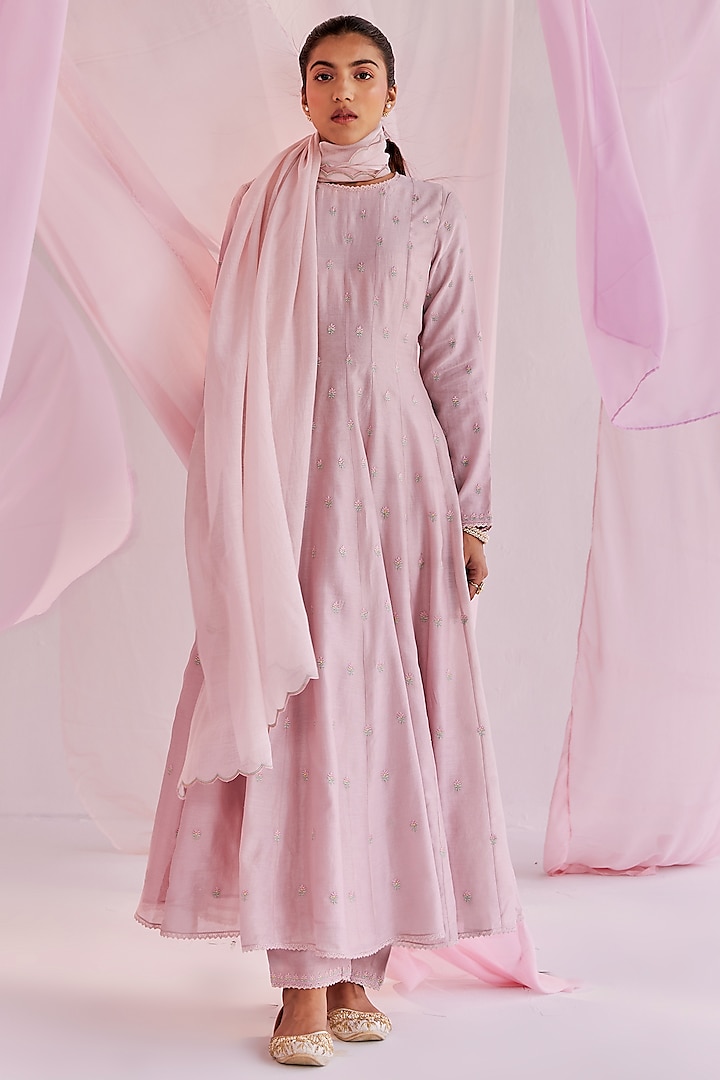 Pink Silk Chanderi Embroidered Anarkali Set by Keosha