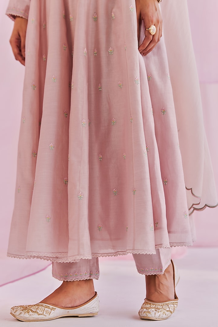 Pink Silk Chanderi Embroidered Party Wear Anarkali Set by Keosha at Pernia's Pop Up Shop