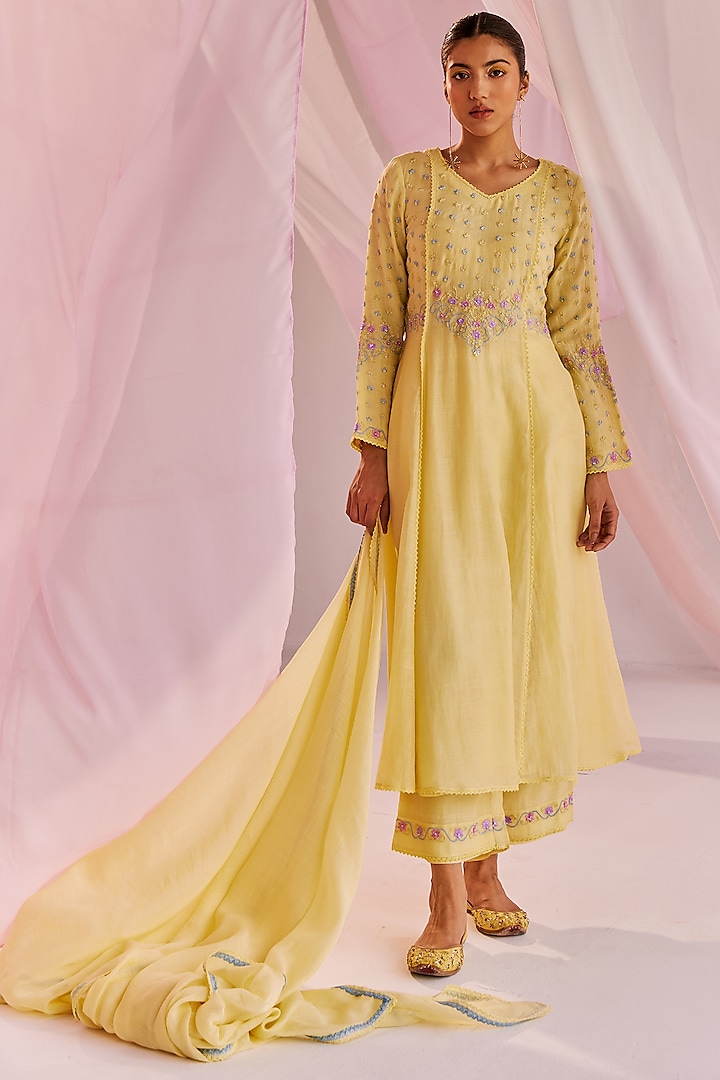 Yellow Silk Chanderi Embellished Anarkali Set by Keosha