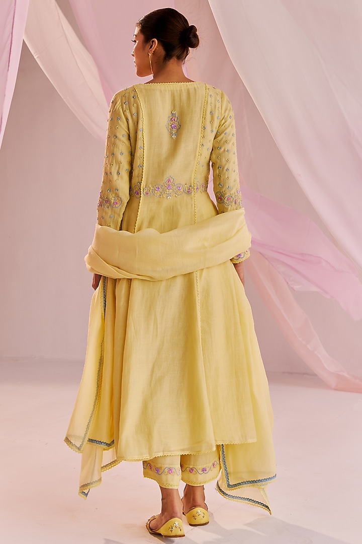 Yellow Silk Chanderi Embellished Party Wear Anarkali Set by Keosha at Pernia's Pop Up Shop
