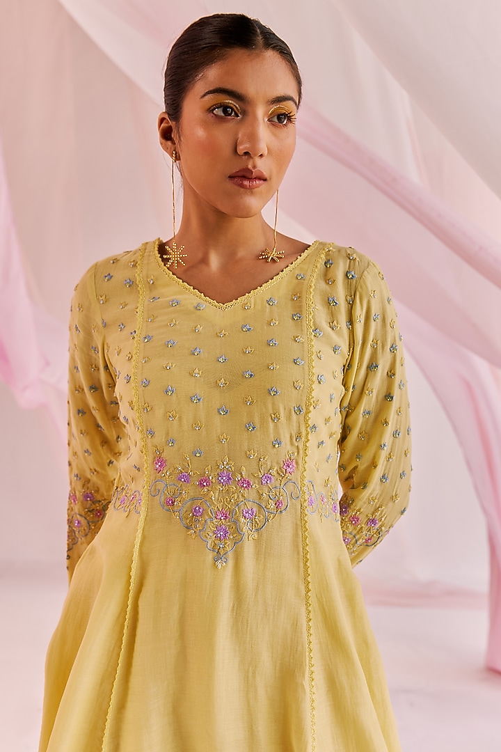 Yellow Silk Chanderi Embellished Party Wear Anarkali Set by Keosha at Pernia's Pop Up Shop
