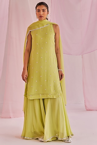 Lime Green Georgette Sharara Set by Keosha