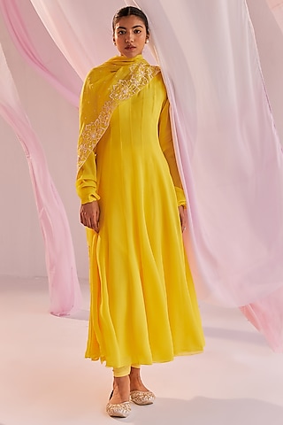 Yellow Viscose Georgette Anarkali Set by Keosha