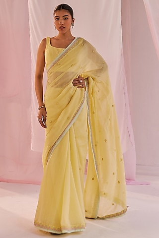 Yellow Silk Chanderi Embellished Saree Set by Keosha