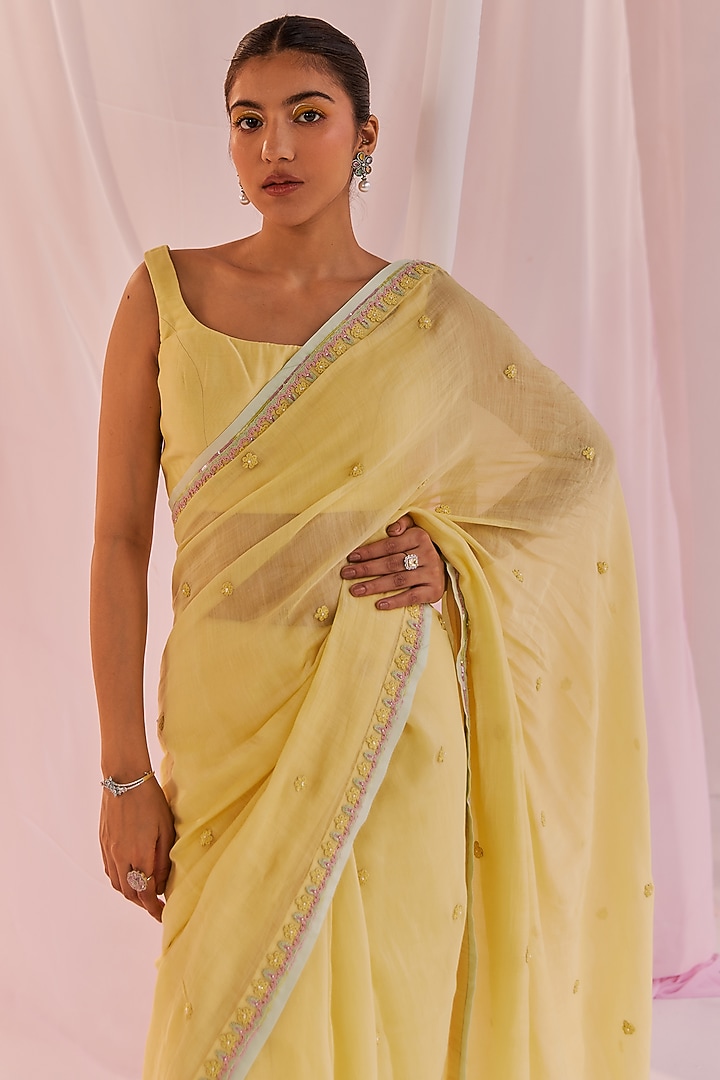 Yellow Silk Chanderi Embellished Party Wear Saree Set by Keosha at Pernia's Pop Up Shop