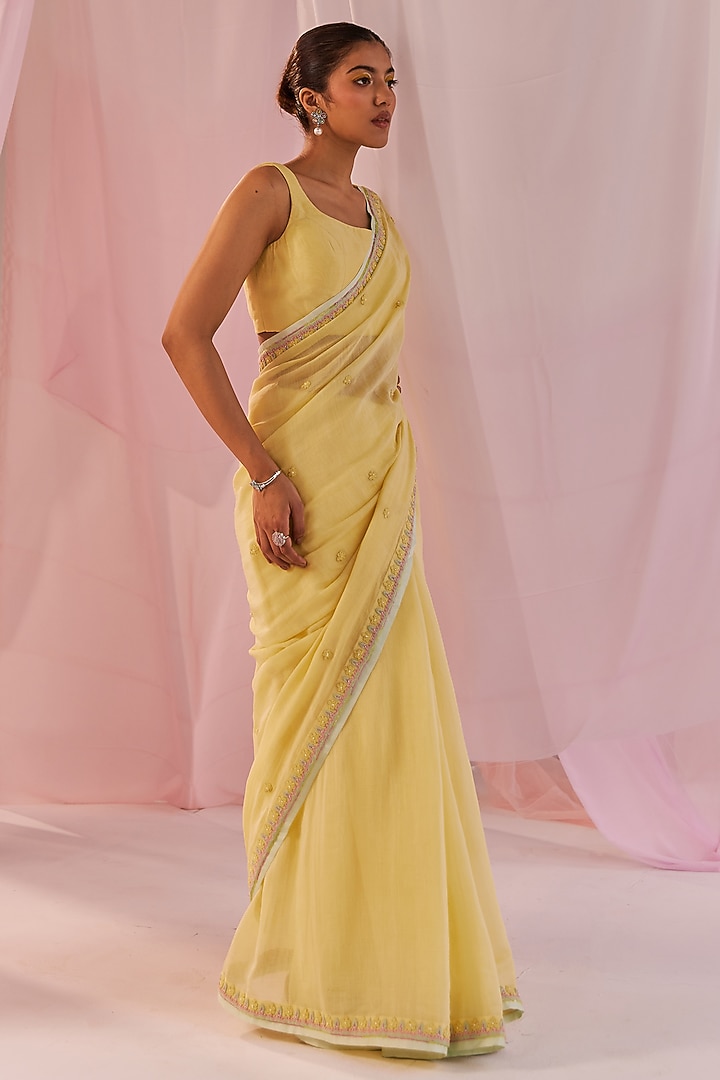 Yellow Silk Chanderi Embellished Party Wear Saree Set by Keosha at Pernia's Pop Up Shop