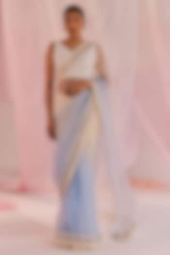 Ivory & Blue Silk Organza Embellished Ombre Party Wear Saree Set by Keosha at Pernia's Pop Up Shop