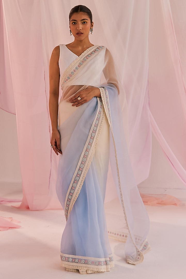 Ivory & Blue Silk Organza Embellished Ombre Party Wear Saree Set by Keosha at Pernia's Pop Up Shop