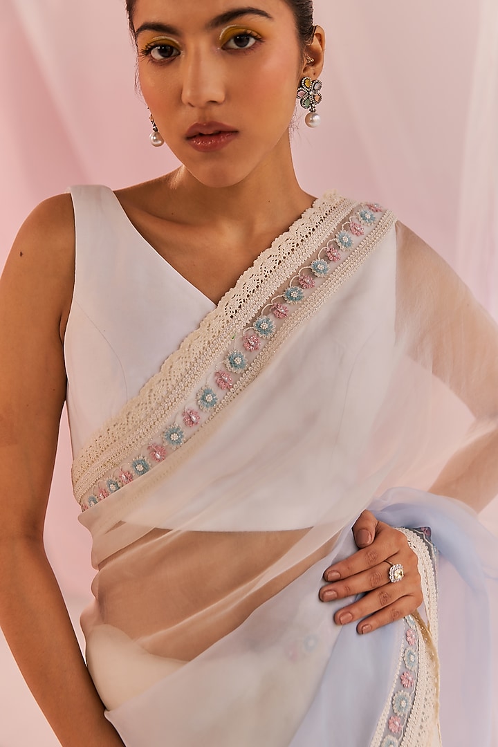 Ivory & Blue Silk Organza Embellished Ombre Party Wear Saree Set by Keosha at Pernia's Pop Up Shop