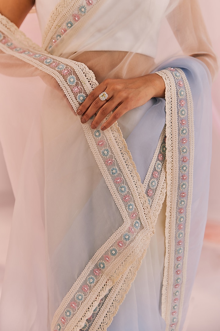 Ivory & Blue Silk Organza Embellished Ombre Party Wear Saree Set by Keosha at Pernia's Pop Up Shop