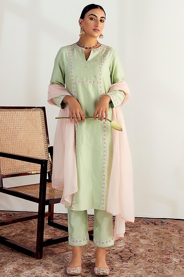 Mint Green Silk Chanderi Embroidered Kurta Set by Keosha at Pernia's Pop Up Shop
