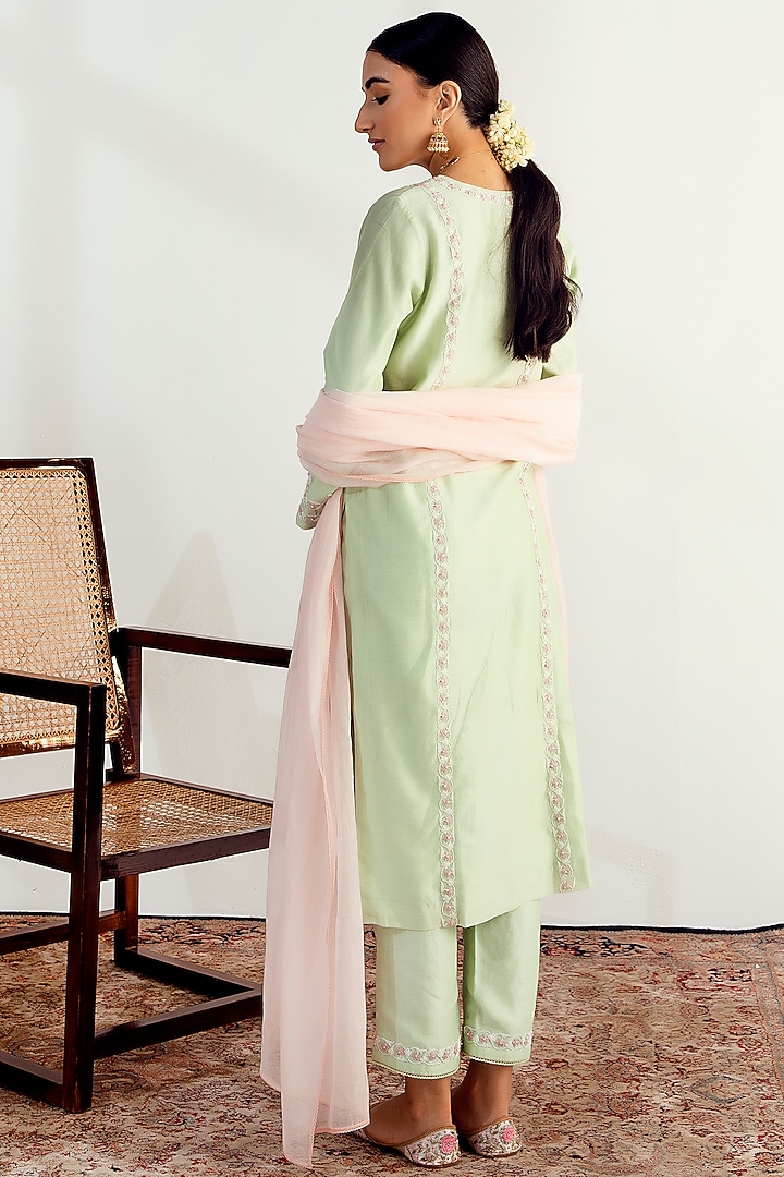 Mint Green Silk Chanderi Embroidered Kurta Set by Keosha at Pernia's Pop Up Shop