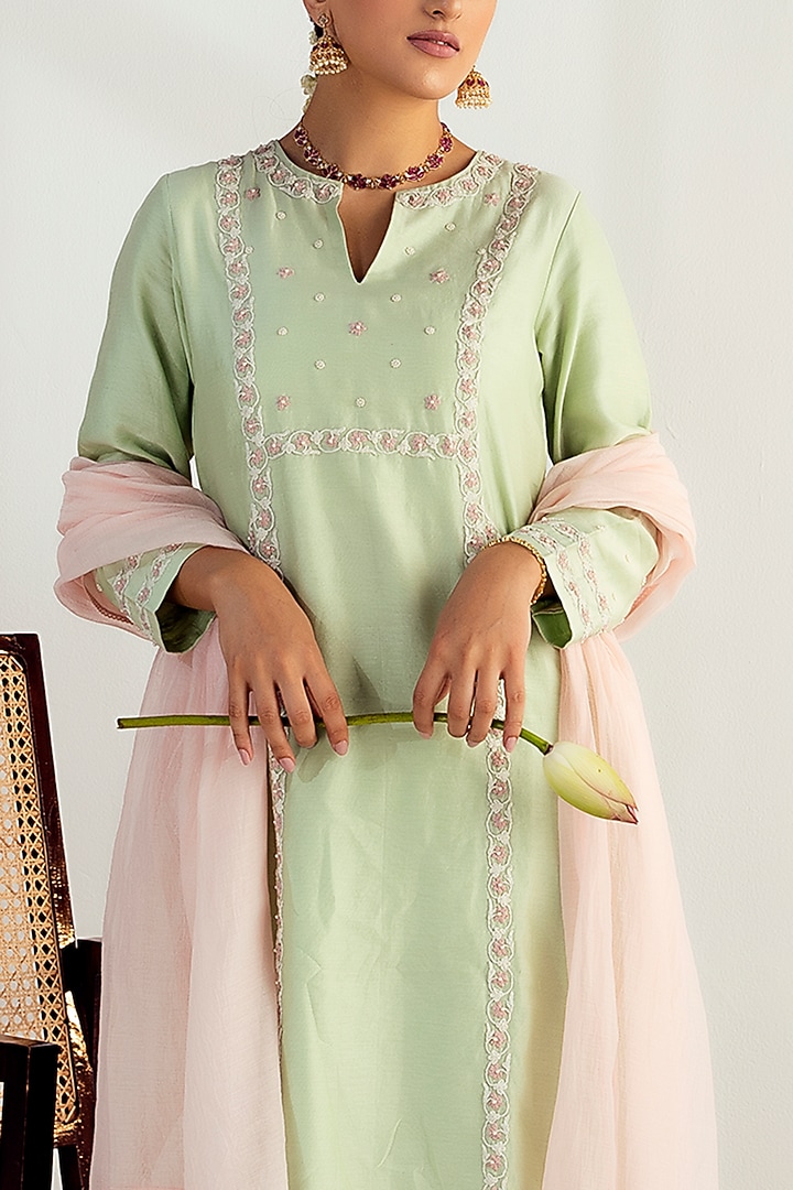 Mint Green Silk Chanderi Embroidered Kurta Set by Keosha at Pernia's Pop Up Shop