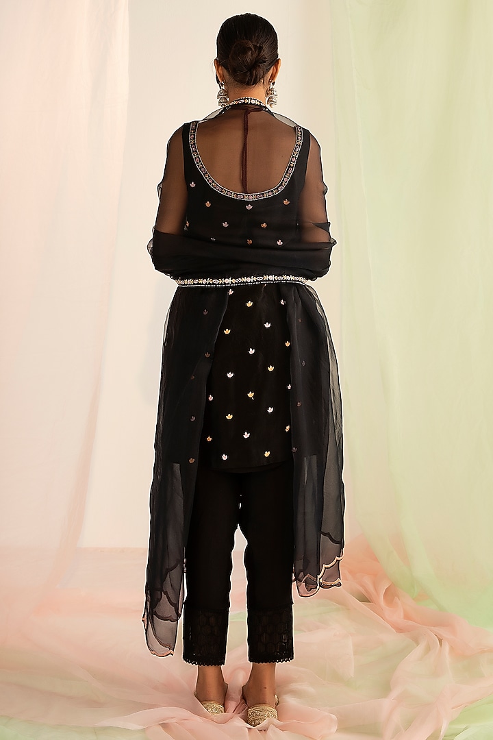 Black Silk Organza Handcrafted Embroidered Kurta Set by Keosha at Pernia's Pop Up Shop
