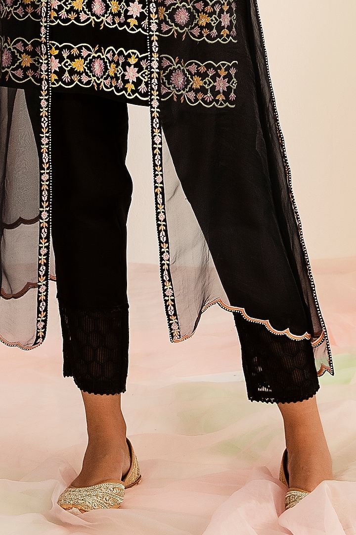 Black Silk Organza Handcrafted Embroidered Kurta Set by Keosha at Pernia's Pop Up Shop