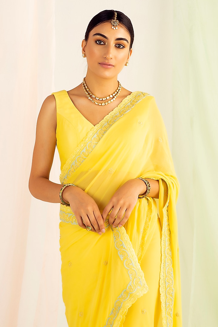 Yellow Silk Chanderi Padded Blouse by Keosha at Pernia's Pop Up Shop