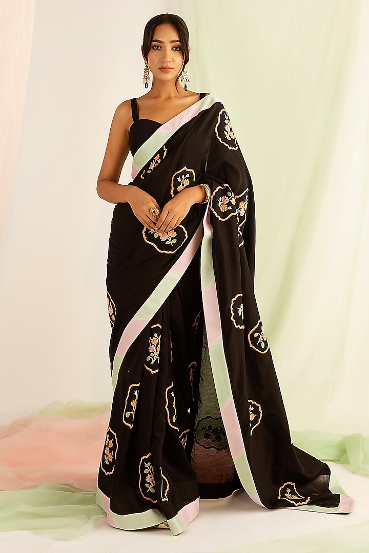 Black Silk Chanderi Dori Embroidered Party Wear Saree Set by Keosha at Pernia's Pop Up Shop