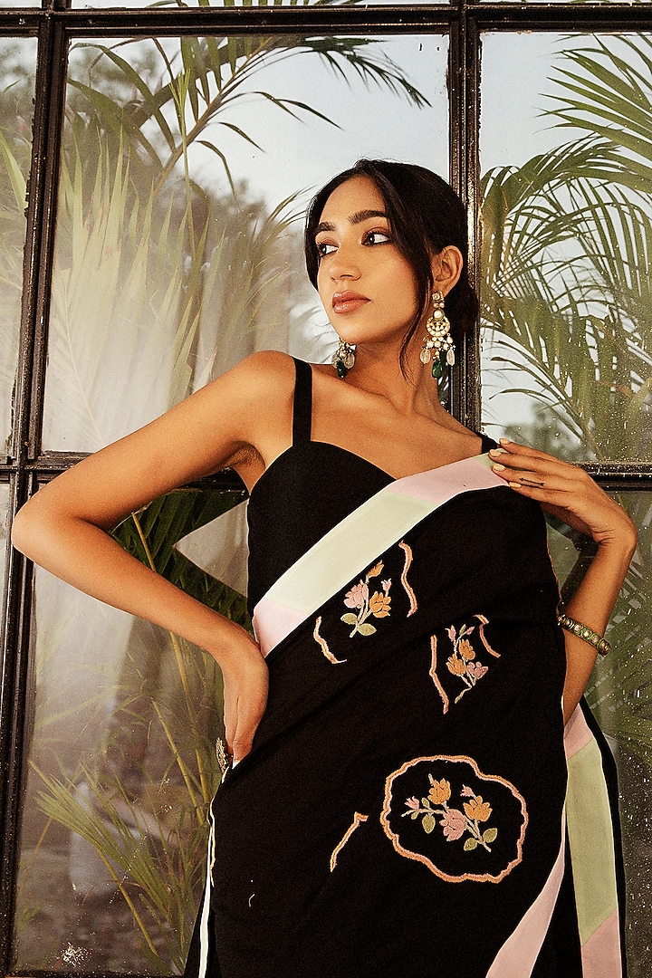 Black Silk Chanderi Dori Embroidered Party Wear Saree Set by Keosha at Pernia's Pop Up Shop