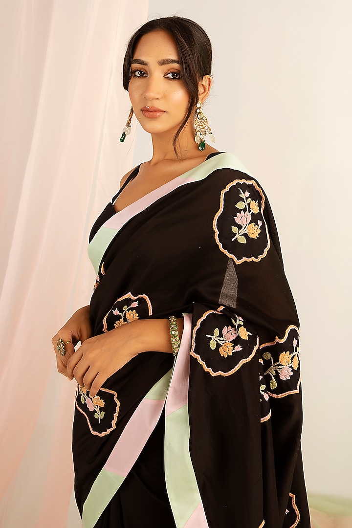 Black Silk Chanderi Dori Embroidered Party Wear Saree Set by Keosha at Pernia's Pop Up Shop